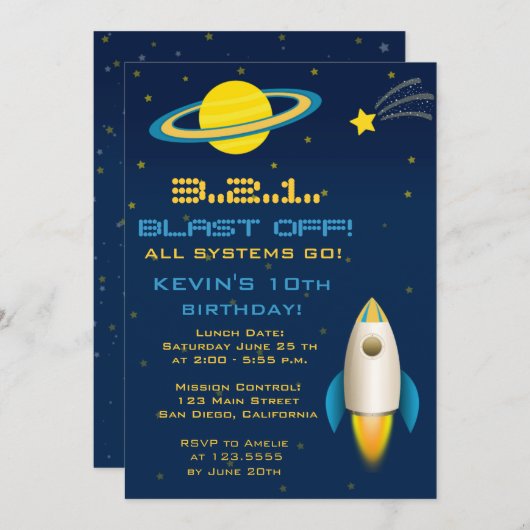 Fun Outer Space Rocket Birthday Party Invitation Kaart (Voorkant / Achterkant)