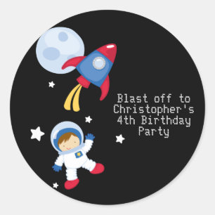 Fun outerspace astronaut verjaardagsfeeststickers ronde sticker
