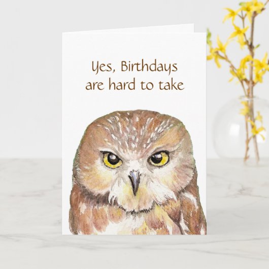 Fun Over the Hill Grumpy Owl Birthday Kaart (Gele Bloem)