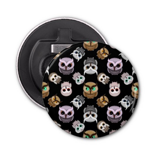 Fun Owl Pattern on Black Background Button Flesopener (Voorkant)