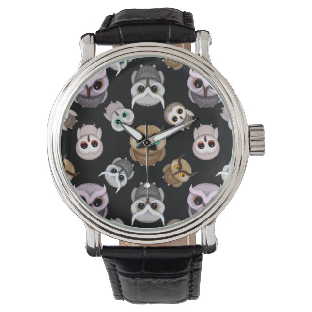 Fun Owl Pattern on Black Background Horloge (Voorkant)
