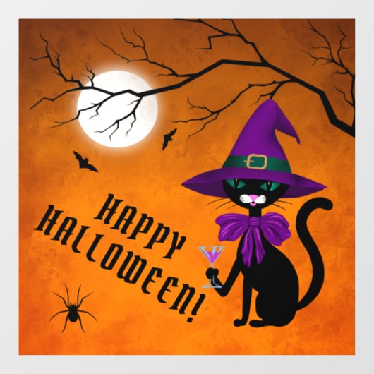 Fun Paars Black Cat Witch Pet Full Moon Halloween Raamsticker (Vel)