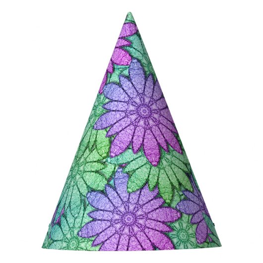 Fun Paars en Green Flowers Feesthoedjes (Voorkant)