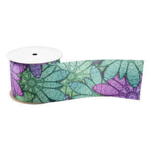 Fun Paars en Green Flowers Satijnen Lint