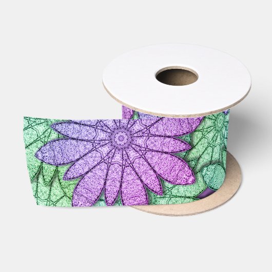 Fun Paars en Green Flowers Satijnen Lint (Spoel)