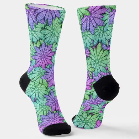 Fun Paars en Green Flowers Sokken (Gebogen)