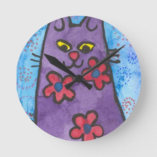 Fun Paars Flowered Cat Ronde Klok (Voorkant)