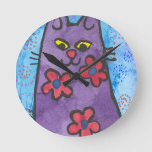 Fun Paars Flowered Cat Ronde Klok