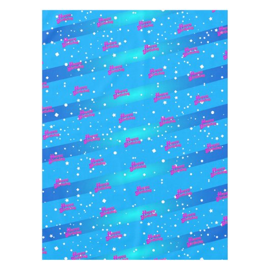 Fun Paars Happy Birthday Grafisch op blauw Tafelkleed (Voorkant)
