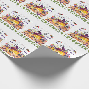 Fun Paars Pet Catoween, Cute Oranje Pumpkin Cadeaupapier