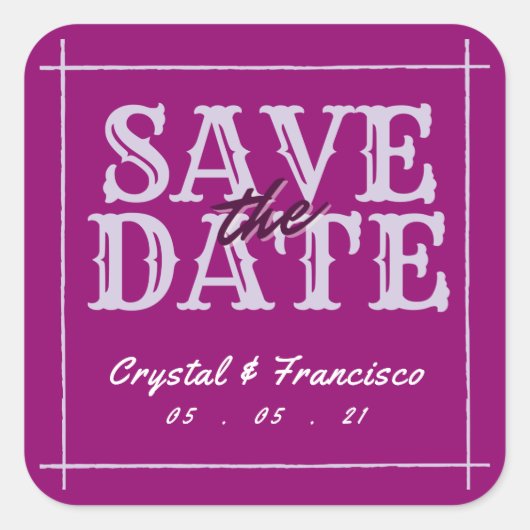 Fun Paars Save the Date Vierkante Sticker (Voorkant)