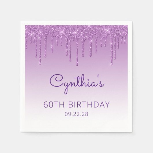 Fun Paarse Glitter Drip 60th Birthday Party Servet (Voorkant)