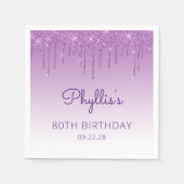 Fun Paarse Glitter Drip 80th Birthday Party Servet (Voorkant)