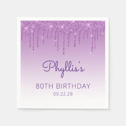 Fun Paarse Glitter Drip 80th Birthday Party Servet (Voorkant)