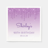 Fun Paarse Glitter Drip 90th Birthday Party Servet (Voorkant)