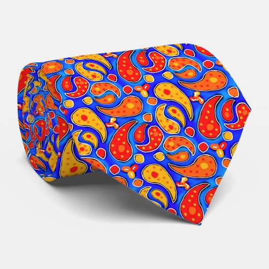 Fun Paisley Oranje Red Yellow op Bright Royal Blue Stropdas (Opgerold)