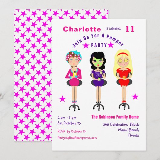 Fun Pamper Party Girls Birthday Invites Kaart (Voorkant / Achterkant)