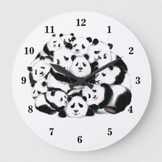 Fun Pandas Clock - Big Hugs - Black White Painting Grote Klok (Voorkant)