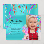 Fun Party Celebration First Birthday Blauwgroen Kaart (Voorkant / Achterkant)