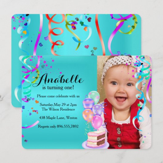 Fun Party Celebration First Birthday Blauwgroen Kaart (Voorkant / Achterkant)