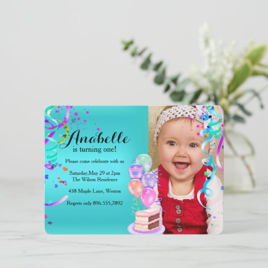 Fun Party Celebration First Birthday Blauwgroen Kaart (Staand voorkant)