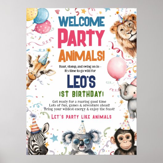 Fun Party Dieren 1e verjaardag Welkom Poster (Voorkant)