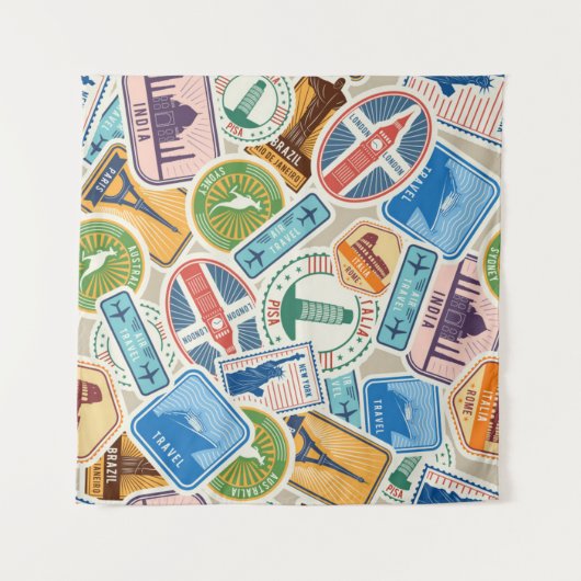 Fun Passport Stamps Tapestry Wandkleed (Voorkant (horizontaal))