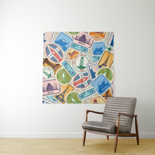 Fun Passport Stamps Tapestry Wandkleed (In situ)