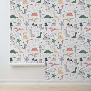 Fun Pastel Dinosaur Scene Pattern Behang