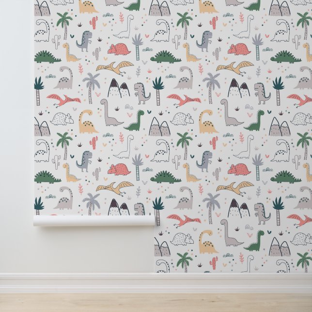 Fun Pastel Dinosaur Scene Pattern Behang (Applicatie)