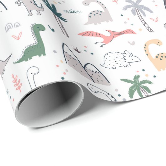 Fun Pastel Dinosaur Scene Pattern Cadeaupapier (Rol Hoek)