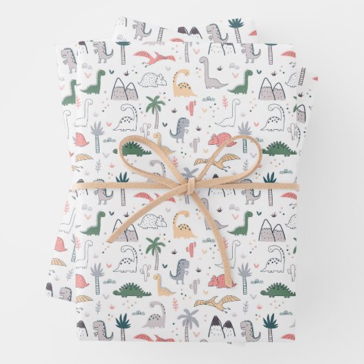 Fun Pastel Dinosaur Scene Pattern Inpakpapier Vel (In situ)
