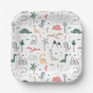 Fun Pastel Dinosaur Scene Pattern Papieren Bordje