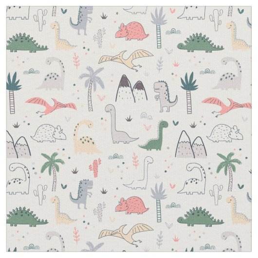 Fun Pastel Dinosaur Scene Pattern Stof (Close Up)