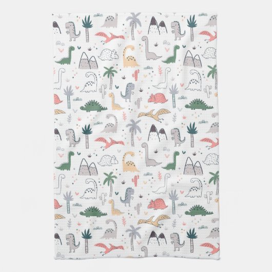 Fun Pastel Dinosaur Scene Pattern Theedoek (Verticaal)