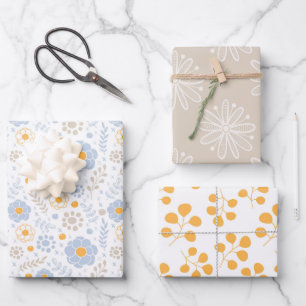 Fun Pastel Floral Modern Blue Taupe Yellow Inpakpapier Vel