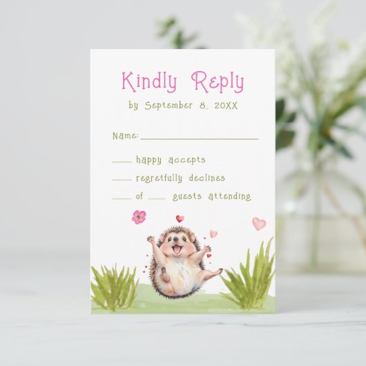 Fun Pastel Hedgehog Tuin Party Baby shower RSVP (Staand voorkant)