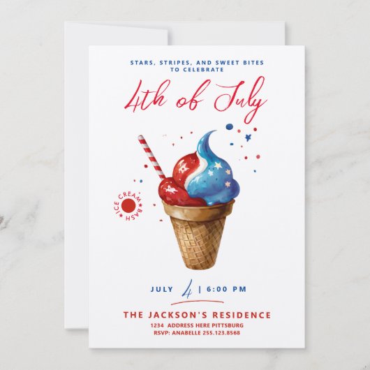 Fun Patriotic Ice Cream US Flag Rode Waterverf Kaart (Voorkant)