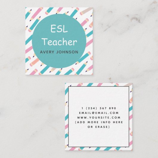 Fun Pencil Pattern ESL Teacher English Instructor Vierkante Visitekaartje (Voorkant / Achterkant)
