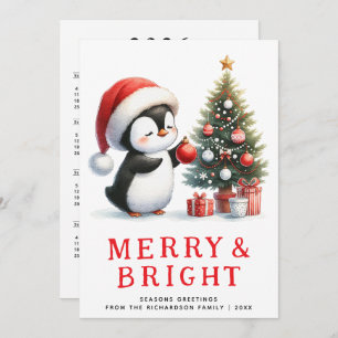 Fun Penguin Merry Bright Modern Minimal Christmas Feestdagenkaart