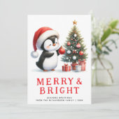 Fun Penguin Merry Bright Modern Minimal Christmas Feestdagenkaart (Staand voorkant)
