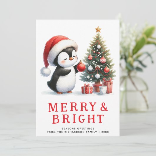 Fun Penguin Merry Bright Modern Minimal Christmas Feestdagenkaart (Staand voorkant)