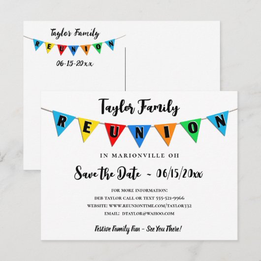 Fun Pennant Family Reunion Save the Date Briefkaar Briefkaart (Voorkant / Achterkant)