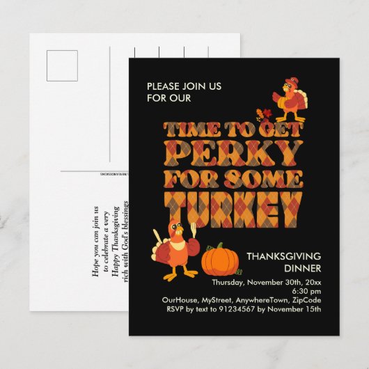 Fun PERKY VOOR TURKIJE Thanksgiving Diner Zwart Uitnodiging Briefkaart (Voorkant / Achterkant)