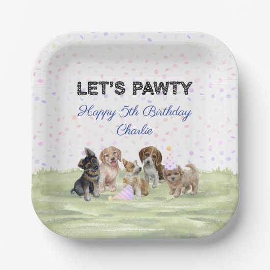 Fun Personalized Blue Puppy Dog Birthday Party Papieren Bordje (Voorkant)
