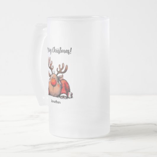Fun Personalized Reindeer Merry Christmas Matglas Bierpul (Voorkant links)