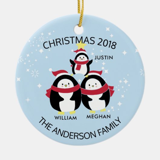 Fun - persoonlijke familie van 3 pinguïns kerstmis keramisch ornament (Voorkant)