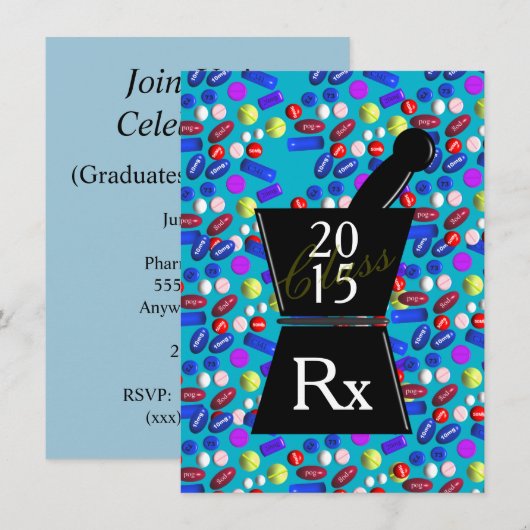 Fun Pharm-D Graduation Invitations 2015 Blue Kaart (Voorkant / Achterkant)