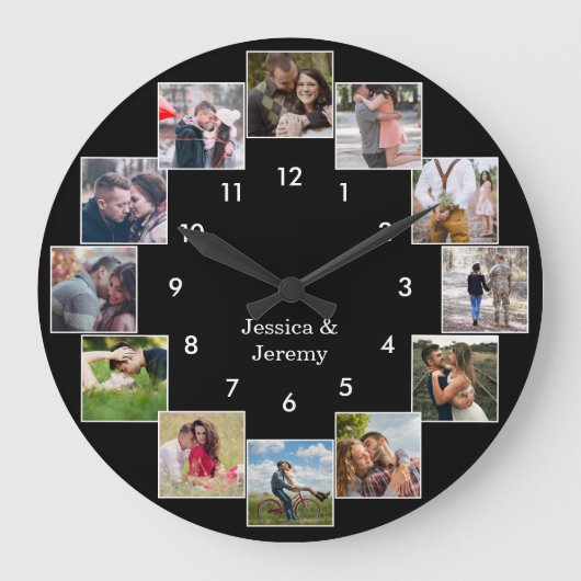 Fun Photo Collage Couple's Black Large Clock Grote Klok (Voorkant)