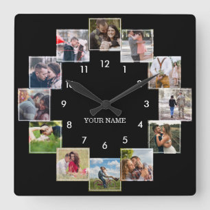 Fun Photo Collage Couple's Black Large Clock Vierkante Klok
